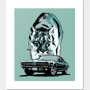 68 Mercury Cougar with cougar cat backdrop, blue/green theme. Posters and Art